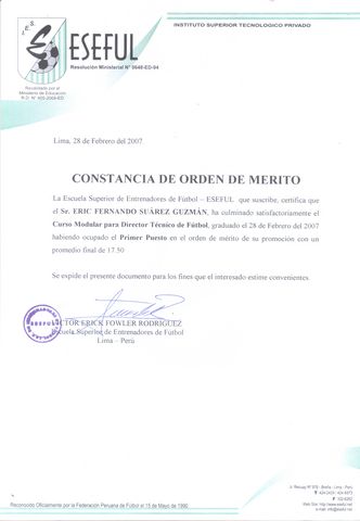 CONSTANCIA DE ORDEN DE MERITO POR PRIMER LUGAR ACADEMICO EN EL CURSO DE D.T.